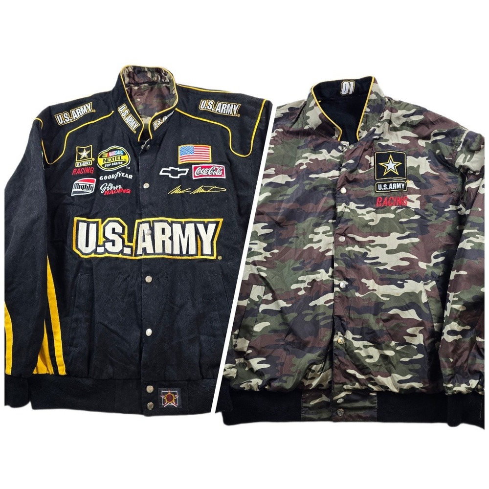 JH Designs NASCAR Reversible Racing Jacket Men XL Black Camo US Army Mark Martin